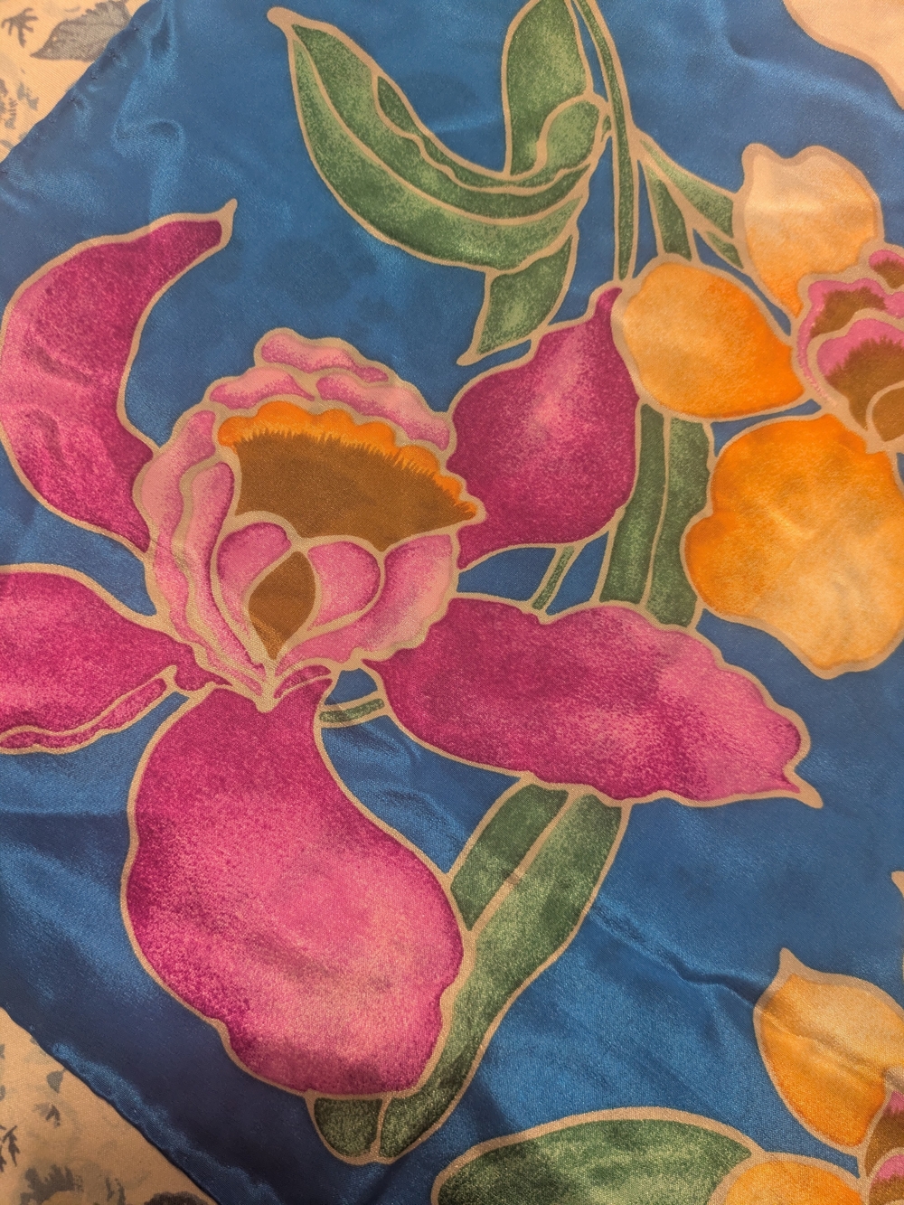Echo Blue Floral Square Scarf with Pink and Yellow Blooms - Picture 2 of 5